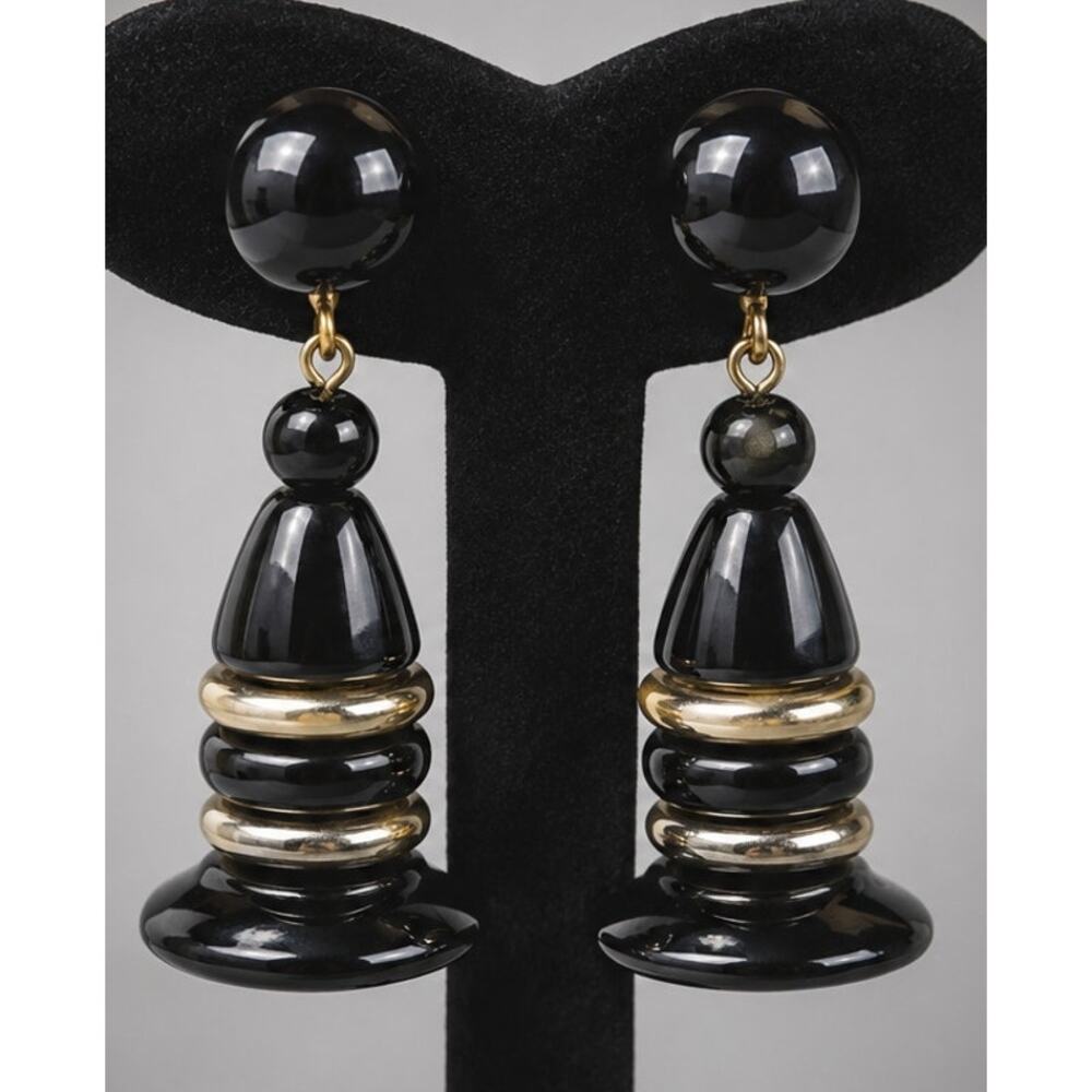 Vintage Black & Silver Mid-century Long Dangle Screw Back Earrings Lucite sb-32 - Picture 7 of 7